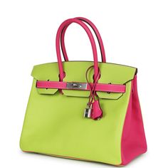 This Special Order Birkin is in Kiwi and Rose Tyrien epsom leather with palladium hardware and has tonal stitching, front flap, two straps with center toggle closure, clochette with lock and two keys, and double rolled handles.The interior is lined with Rose Tyrien chevre and has one zip pocket with an Hermes engraved zipper pull and an open pocket on the opposite side.Collection: P SquareOrigin: FranceCondition: Preowned; Mint - This bag retains its shape. The exterior leather shows some minor Luxury Pink Bag With Palladium Hardware, Luxury Pink Bags With Palladium Hardware, Luxury Pre-owned Double Handle Bag, Luxury Flap Bag With Palladium Hardware, Hermes Special Order, Birkin Handbags, Alberto Giacometti, Birkin 30, Hermes Birkin 25