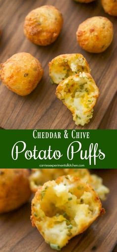 cheddar and clive potato puffs on a cutting board with text overlay