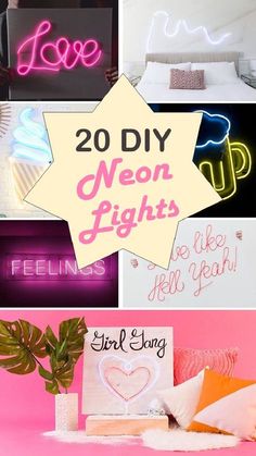 various neon signs are shown in this collage with the words 20 diy neon lights