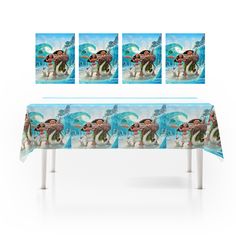 the little mermaid table cover with four pictures on it