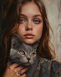 a painting of a woman holding a cat with freckles on it's face