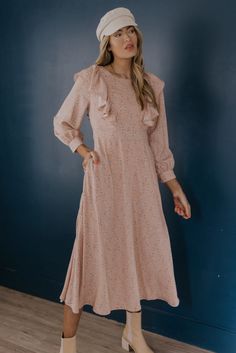 Dusty Pink Midi Dress - Nursing Friendly Dresses | ROOLEE A-line Midi Dress With Ruffles For Garden Party, Fall Pink Dresses With Ruffle Hem, Pink Ruffled Fall Dress, Pink Ruffle Hem Dress For Fall, Modest Flowy A-line Dress, Flirty Maxi Dress With Ruffle Hem, A-line Ruffled Midi Dress For Garden Party, Long Sleeve Midi Dress With Ruffles For Date Night, Flirty Ruffled Midi Dress For Garden Party