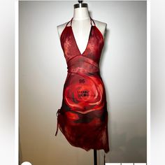 In Perfect Condition. Only Worn Once Red Sheer Mini Length Dress, Red Sheer Mini Dress, Red Sheer Dress For Date Night, Red Sheer Dresses For Spring, Red Sheer Mini Dress For Spring, Red Sheer Cocktail Dress, Red Silk Summer Dress, Red Sheer V-neck Dress, Kim Shui