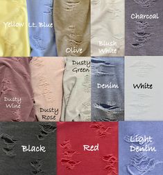 various colors of ripped jeans with the words light denim written on them