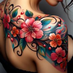 the back of a woman's shoulder with flowers and leaves painted on her body