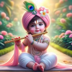 a baby sitting on the ground with a flute in her hand and wearing a pink outfit