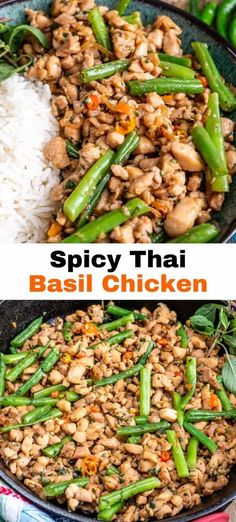 spicy thai basil chicken in a skillet with rice and green beans