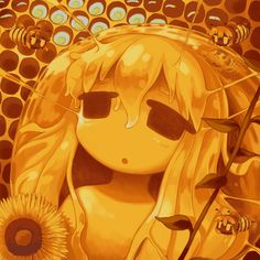 a painting of a girl with sunflowers and honeycombs in the background