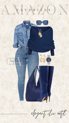 Elevated casual: navy denim-on-denim for a chic, classy look. Jeans And Boots Outfit Night Out, Casual Chic Outfits Classy, Blue And Black Outfits For Women, All Jean Outfits For Women, Chic Jeans Outfit Classy, Denim On Denim Outfits For Women, Light Blue Outfit Ideas, Blue And Grey Outfit, Royal Blue Outfit Ideas