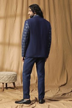 Blue bandhgala with mirror resham embroidery. Paired with a cotton textured pant. - Aza Fashions Blue Bandhgala, Resham Embroidery, Cotton Texture, Satin Color, Band Collar, Pants Pattern, Pant Set, Aza Fashion, Pants Set