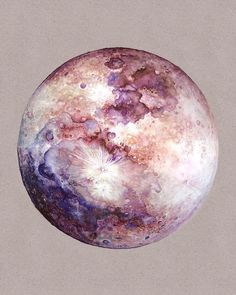 an artistic painting of the moon in purple and white colors with stars on it's surface