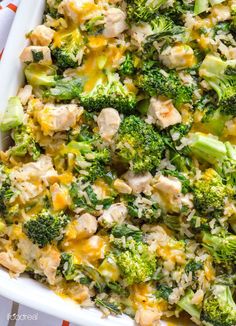 broccoli and chicken casserole in a white dish