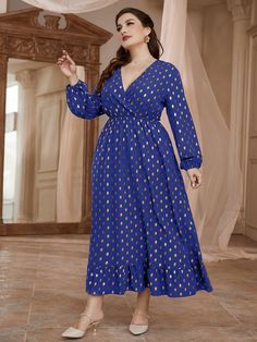 Royal Blue Glamorous  Long Sleeve Polyester Polka Dot A Line  Slight Stretch Spring/Fall Plus Size Dresses Dot Composition, Neck Details, Burgundy Fabric, Fit Details, Plus Size Fashion For Women, Ruffle Hem Dress, Lantern Sleeve, Black Polka Dot