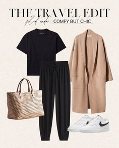 Casual Winter Travel Outfits, Kim Kardashian Travel Outfits, Outfits For Airport Travel, Black Jogger Travel Outfit, Sneaker Travel Outfit, Comfy Flight Outfit Summer, Comfy Chic Travel Outfit, Simple Travel Outfits Casual, Stylish And Comfortable Travel Outfits