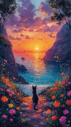 a painting of a cat looking out at the sunset over water with flowers in front of it