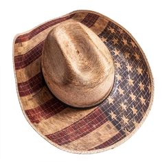 A true American classic, the Liberty embodies the liberties that come with being an American. Featuring a black and brown stitched leather hatband and American flag painted onto the brim, this hat will turn heads! Womens Straw Cowboy Hat, Brown Leather Hat, Straw Cowgirl Hat, Mexican Palm, American Flag Painting, American Hat Makers, Leather Cowboy Hats, American Hat, Flag Painting