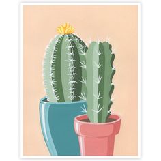 a painting of two cactus plants in pots