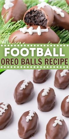 chocolate football oreo balls are on a plate with green grass and white frosting