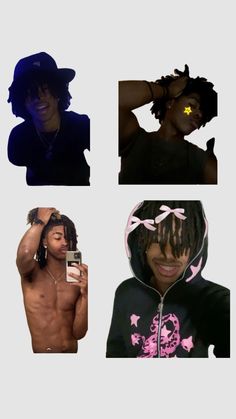 four different images of the same person with no shirt on, one wearing a hoodie and