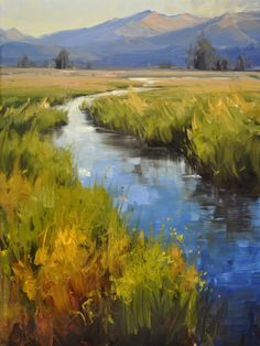 an oil painting of a river running through a field