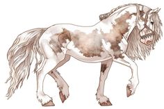 a white and brown horse with long manes standing next to each other on a white background