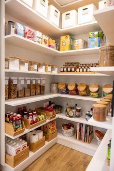 an organized pantry with lots of food items