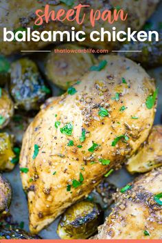 sheet pan balsamic chicken with roasted brussel sprouts and parsley