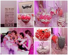 a collage of photos with candy in vases and other items on display at a party