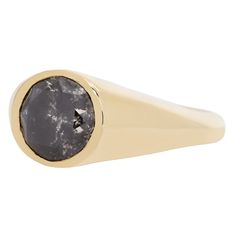 Dark and detailed, this one-of-a-kind ring features a heavily speckled diamond. This bold salt-and-pepper ring by Lauren Wolf Jewelry is flush set in a beautifully polished high-shine band. Appraisal available upon request. Stones: 2.68ct Salt & Pepper Round Brilliant Cut DiamondMetal: 18k Yellow GoldMeasurements: Setting length: 9.8mm, Stone length: 7.9mm, Setting width: 9.3mm, Setting height: 5.7mm, Band width: 6.8-2.8mm Size 6 in stock Shipping and Delivery: IN STOCK items will ship within 2 Luxury Signet Ring With Rose Cut Diamonds, Formal Diamond Ring With Rose Cut Round Stone, Formal Rose Cut Diamond Ring With Round Stone, Formal Rose Cut Diamond Ring, Luxury Single Diamond Signet Ring, Luxury Open Signet Ring With Single Diamond, Luxury Cluster Ring With Single Cut Diamonds, Luxury Ring With Single Round Diamond, Luxury Diamond Ring With Rose Cut Diamonds