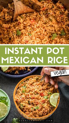 instant pot mexican rice in a bowl with limes and cilantro on the side