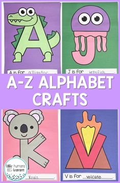 four different animal alphabet crafts with the words a to z on them and an image of a