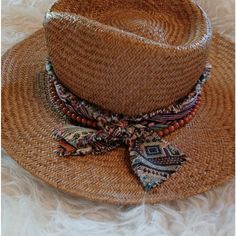 New No Tag Boho Bandana And Bead Adorned Comes 57cm Adjust Within Bohemian Straw Hat For The Beach, Bohemian Straw Hat For Beach, Festival Brown Straw Hat Bands, Brown Straw Hat Bands For Festivals, Brown Short Brim Straw Hat For Festival, Bohemian Brown Woven Straw Hat, Brown Woven Bohemian Straw Hat, Brown Toquilla Straw Hat For Festivals, Festival Brown Toquilla Straw Sun Hat