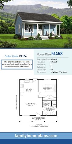 the floor plan for a small house with an attached porch and covered front porch is shown