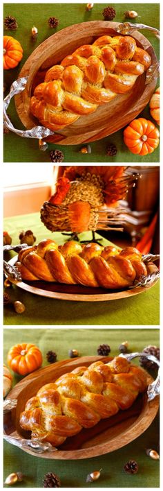 three different pictures of baked goods in wooden trays