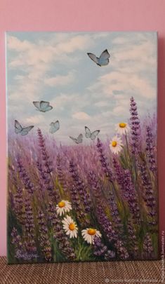 a painting of flowers and butterflies in a field