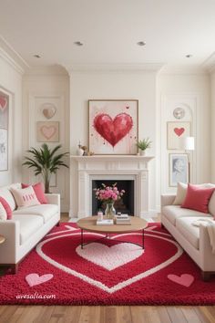 a living room with two couches and a red heart rug on the floor in front of a fireplace