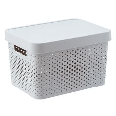 a white plastic basket with holes on the front and sides, sitting against a white background