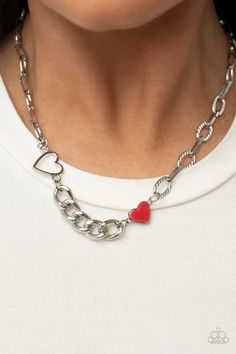 A pair of shiny silver and red hearts asymmetrically adorn sections of mismatched silver chain, resulting in a flirtatious pop of color below the collar. Features an adjustable clasp closure. Sold as one individual necklace. Includes one pair of matching earrings. #P2WH-RDXX-306XX Accessories Website, Red Heart Necklace, Little Charmers, Purple Hearts, Purple Necklace, Pink Bubbles, Red Necklace, Red Jewelry, Paparazzi Accessories