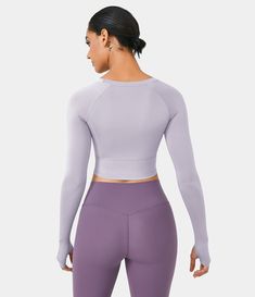 In My Feels Solid Thumb Hole Cropped Sports Top – HALARA Functional Purple Sports Top, Breathable Purple Tops For Sports, Crew Neck Sports Activewear, Purple Sportswear Tops For Training, Purple Breathable Sporty Activewear, Fitted Activewear With Thumbholes For Light Exercise, Breathable Sporty Purple Activewear, Purple Sportswear Training Top, Crew Neck Activewear For Light Exercise