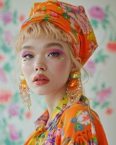 a woman with bright makeup and flowered headdress is posing for the camera