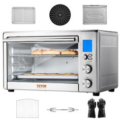 a toaster oven with several items in front of it