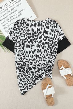 Black Fierce Leopard Print Color Blocking Tee Black Printed T-shirt For Vacation, Black Graphic Print Vacation Top, Black Graphic Print Top For Vacation, Black Printed Summer Tops, Made Clothing, Knit Tees, Tunic Length, Women Tops, Dolman Sleeve