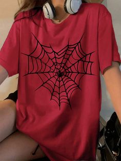 Casual Spider Web Print Oversized Loose Burgundy Women's Round Neck Short Sleeve T-Shirt, Suitable For Summer Burgundy Casual  Short Sleeve Knitted Fabric Animal  Slight Stretch  Women Clothing, size features are:Bust: ,Length: ,Sleeve Length: Spiderman Outfits Women, Spiderman Tee Shirt, Spider Man Graphic Tee, Spider Man Tshirts, Cute Graphic Shirts, 90s Streetwear Tops, Spider Man Outfits Woman, Yungblud Clothes, Shirts For Women Outfits