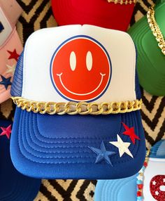 Happystack USA Trucker Hat, America Trucker Hat, Smiley Face Trucker Hat, Custom Trucker Hat, Patch Trucker Hat, Faux Patch Trucker Hat - Etsy Patriotic Trucker Hat, Fourth Of July Trucker Hats, Fun Trucker Hat For Streetwear, Customizable Novelty Trucker Hat, Novelty Trucker Hat With Curved Bill, Blue Snapback Trucker Hat Gift, Gift Blue Snapback Trucker Hat, Customizable Fun Style Trucker Hat Snapback, Customizable Fun Snapback Trucker Hat