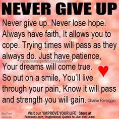 a pink background with the words never give up