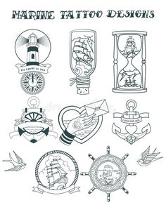 marine tattoo designs with anchor, heart and ship on white background stock photo - image