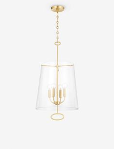 a gold chandelier with clear glass shades on the bottom and two lights hanging from it