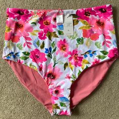 Nwt High-Waisted Reversible Swim Bottoms By Coral Reef Pink High Waist Swimwear For Spring, Pink High-waist Swimwear For Spring, Casual High Waist Pink Swimwear, Blue Tankini, Blue Bra, Floral Color, Cheeky Bikinis, Swim Bottoms, Coral Reef