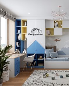 a bedroom with blue and white furniture, bookshelves, desks and shelves