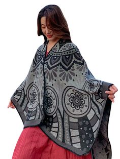 Size: 130 Cm * 150CM Winter Bohemian Black Wrap, Bohemian Black Winter Wrap, One Size Black Bohemian Wrap, Black One Size Bohemian Wrap, Black Bohemian Wraps For Winter, Bohemian Black Wrap One Size, Black Bohemian Wraps One Size, Bohemian Poncho With Scarf For Winter, Bohemian Winter Cape One Size